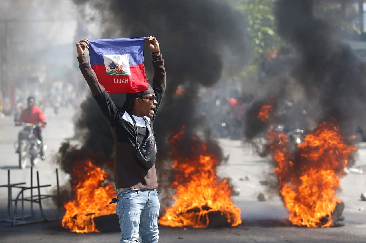 A demonstrator holds up an Haitian flag during protests.