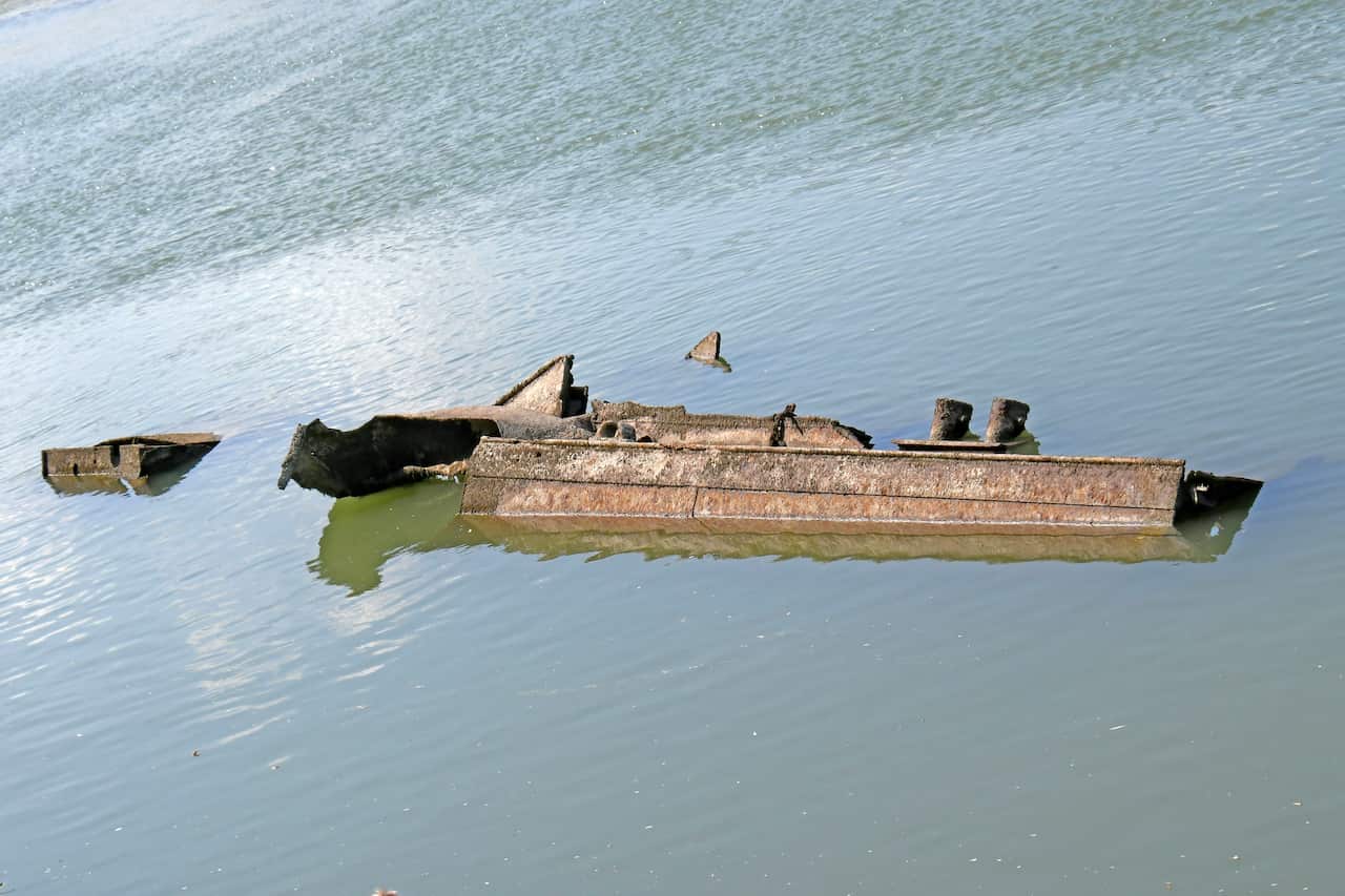 The wreck of the destroyed artillery barge AT 916