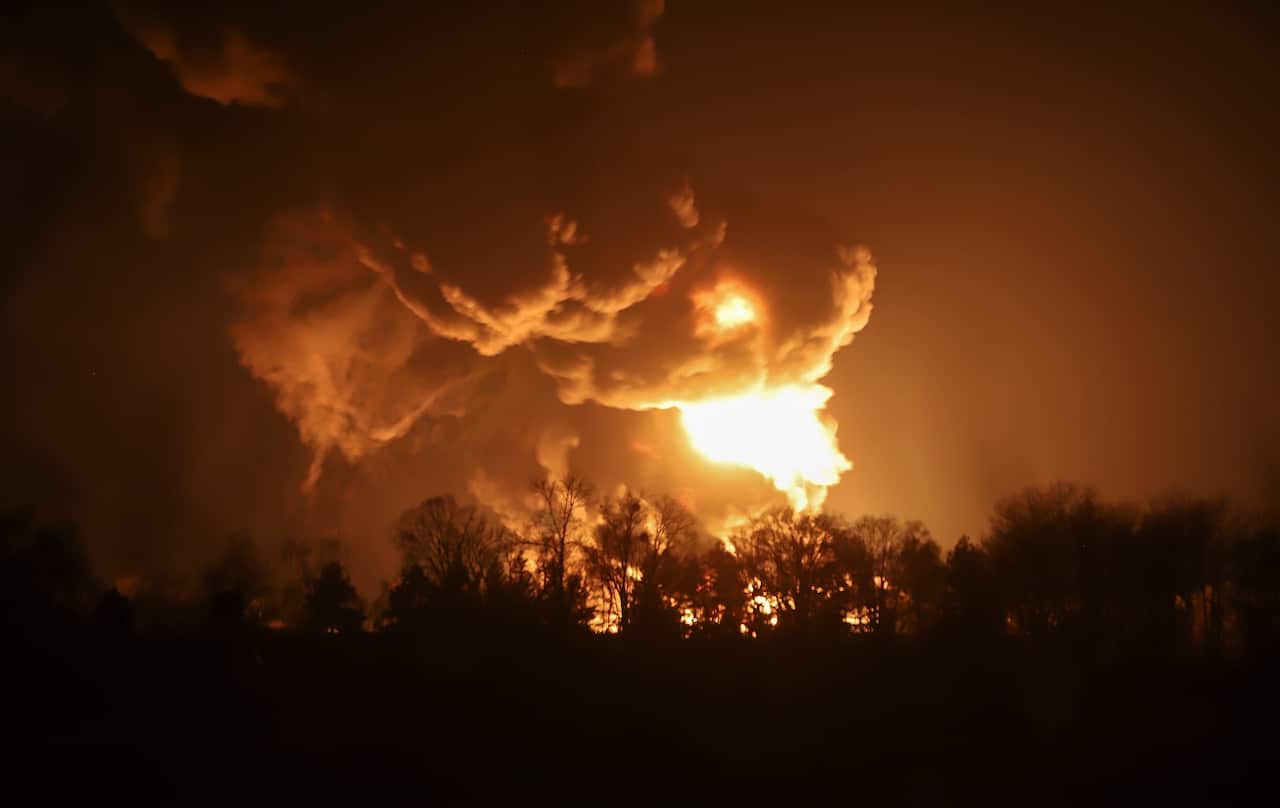 A big fire at a petroleum storage depot after a Russian missile attack, in Vasylkiv, near Kiev, Ukraine.
