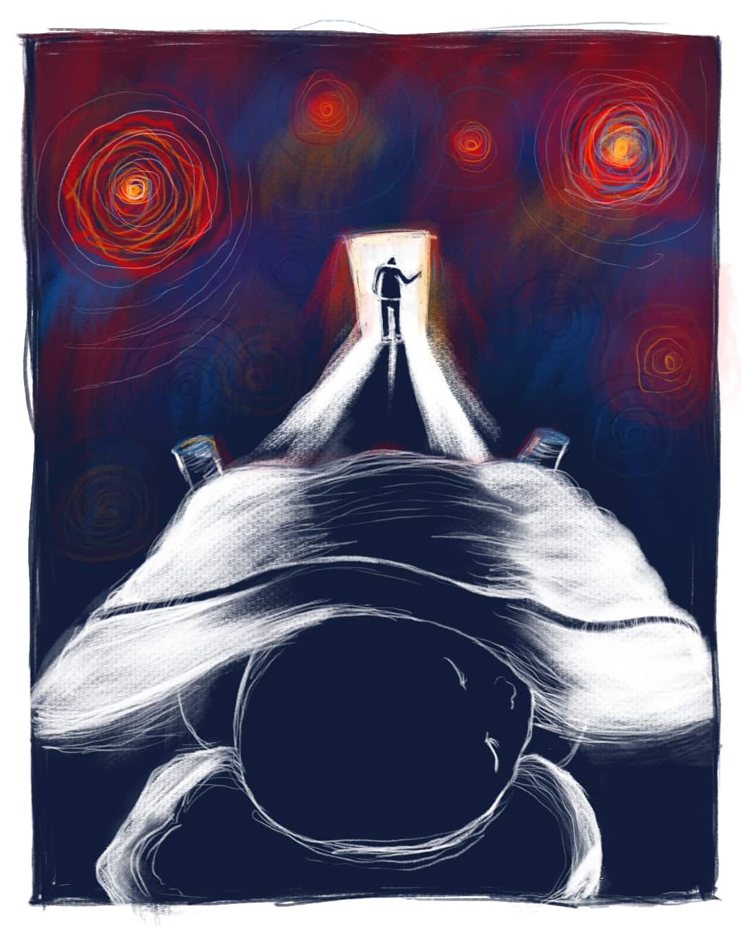 An illustration depicting a young child asleep in a bedroom, with the silhouetted figure of a man standing cautiously in the doorway.