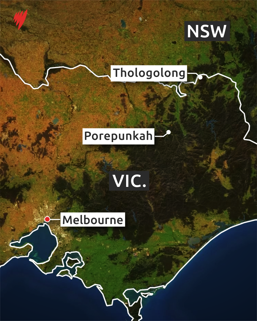 A map with Porepunkah and Thologolong as reference points.