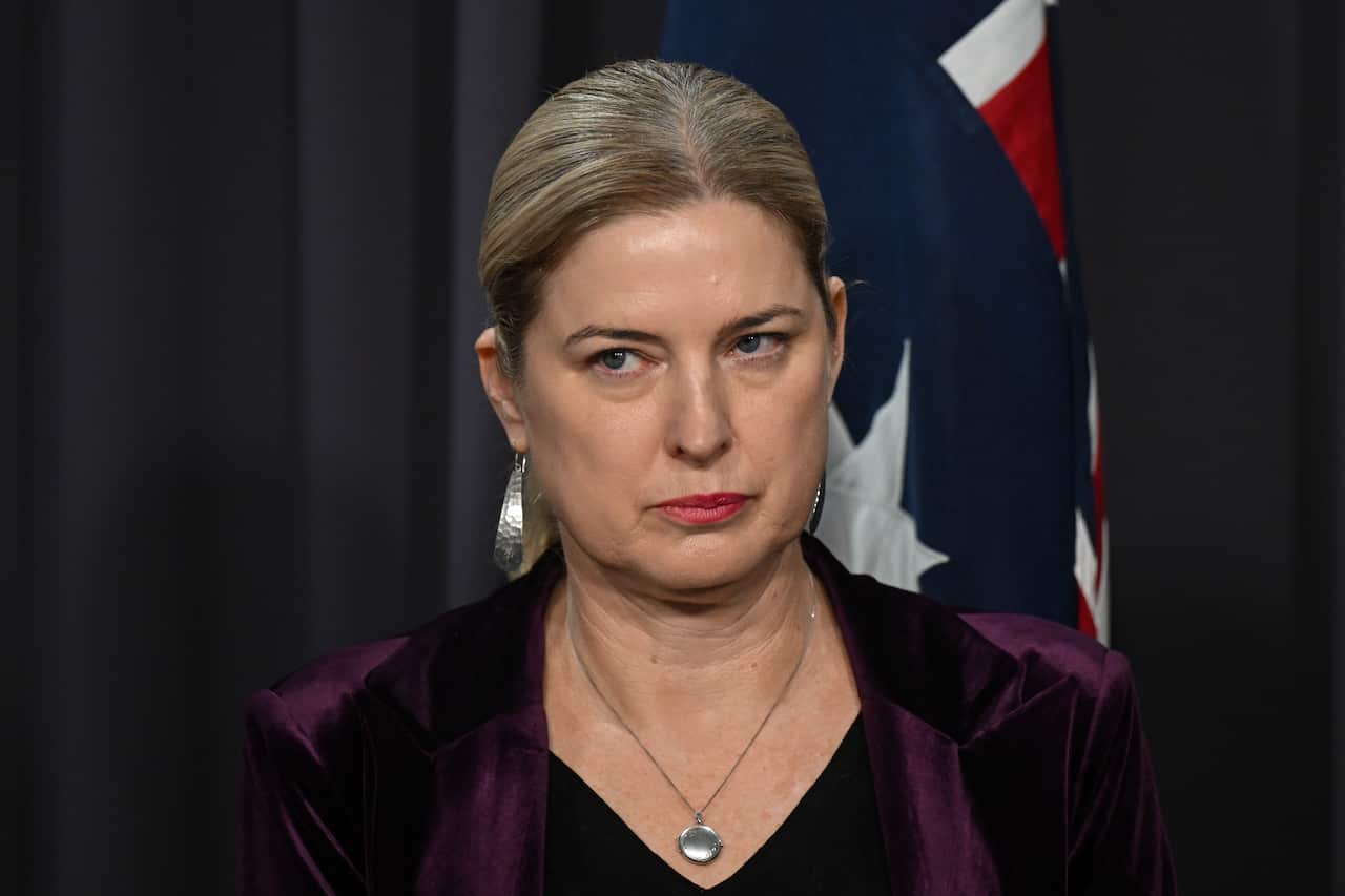 A medium close-up shot of a blonde woman with a serious, focused expression, looking slightly off-camera to her right. She has her hair pulled back and is wearing a dark purple velvet blazer over a black top, a silver locket necklace, and long, silver statement earrings. Part of an Australian flag is visible behind her on the right, against a dark gray curtain background.
