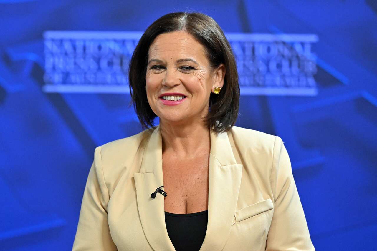 Ireland’s Leader of the Opposition and Sinn Féin President Mary Lou McDonald is seen speaking in Canberra.