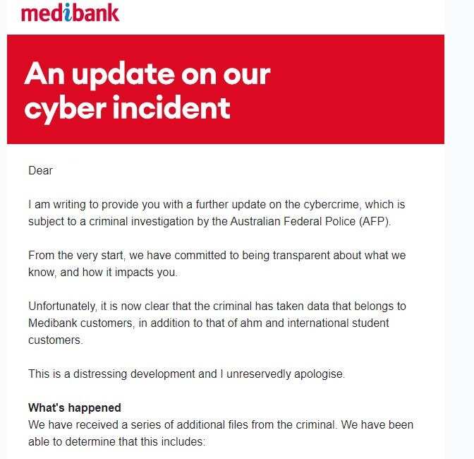 MEDIBANK 向客戶發出的電郵