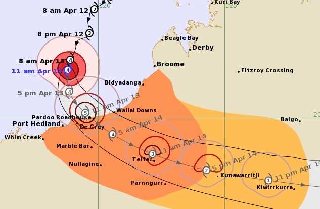 a meteorological map showing the expected path of Cyclone ilsa as it moves across WA