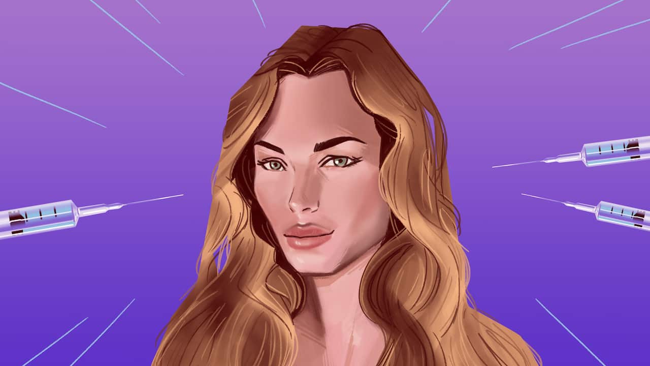 Illustration of influencer Tilly Whitfeld against purple background, with some syringes for cosmetic injections pointing toward her face.