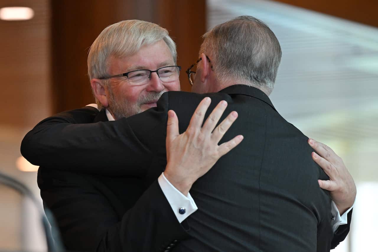 Kevin Rudd hugging Anthony Albanese.