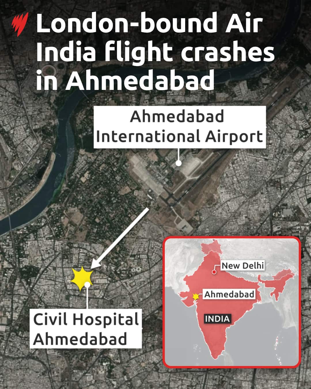 A map showing where a plane crashed shortly after taking off. An inset shows the city of Ahmedabad in India's west. 