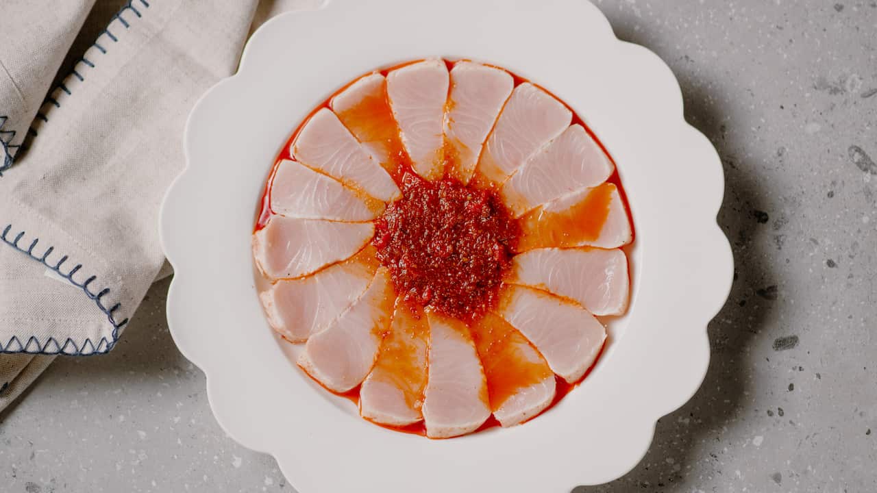 Tataki of kingfish with smoked nduja and charred red peppers