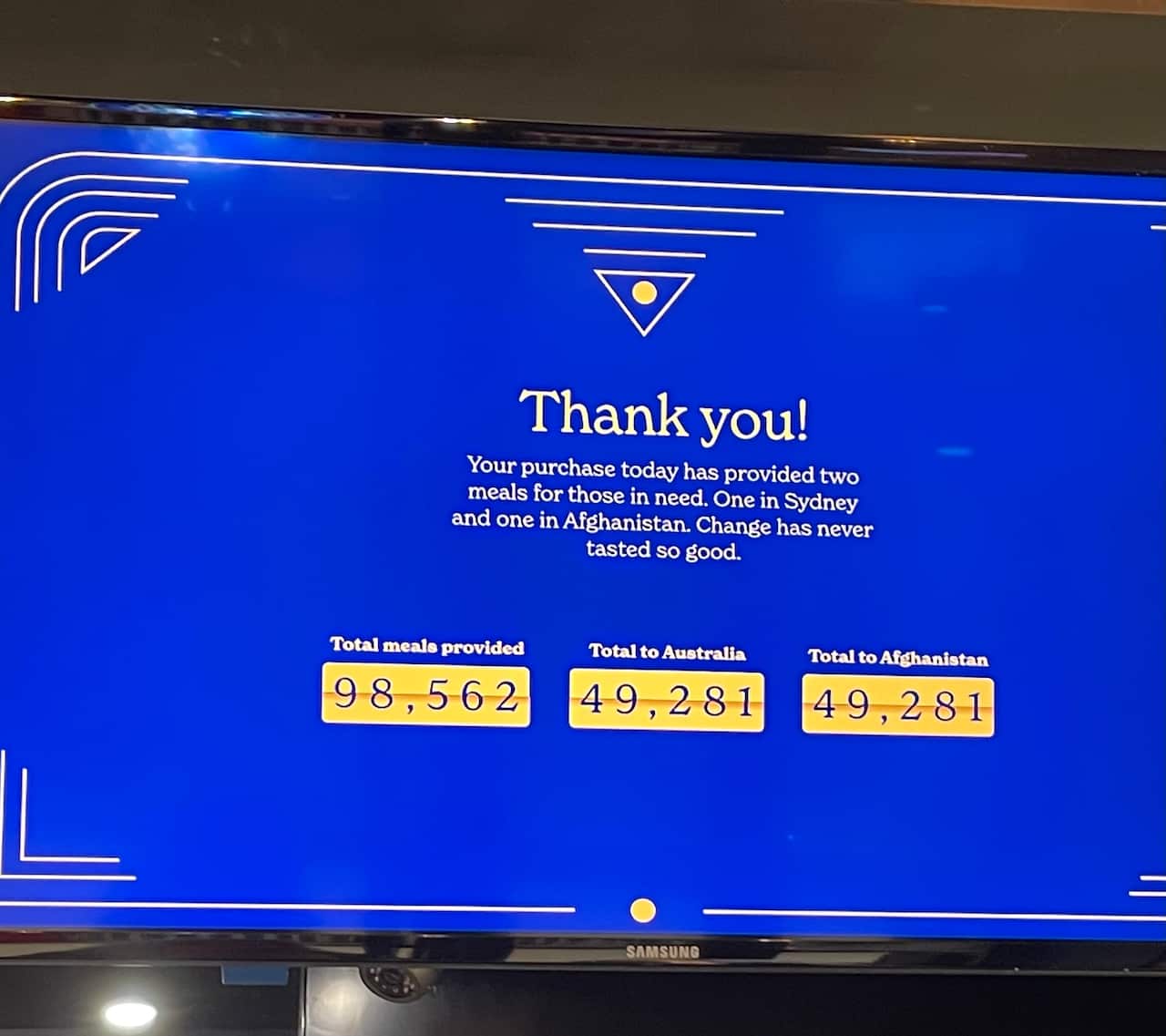 A screen saying 'thank you' and the number of meals provided
