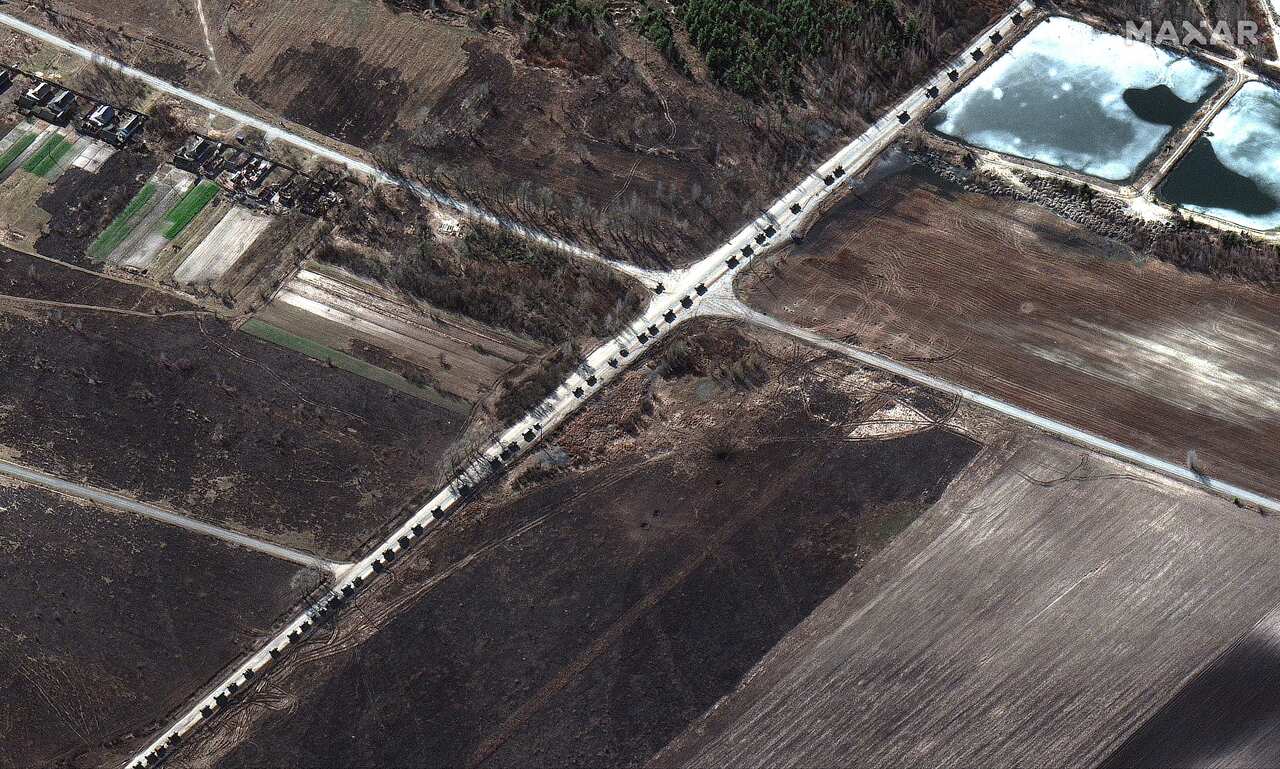 The Russian army's convoy north of Ivankiv in Ukraine on 28 February 2022.   