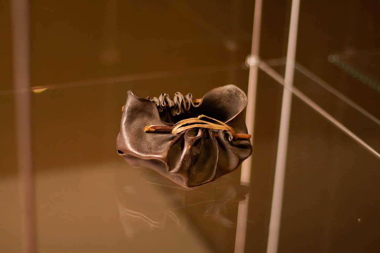 a close up of a small leather-looking pouch cinched together with sticks and grass sitting perched in a glass cabinet.