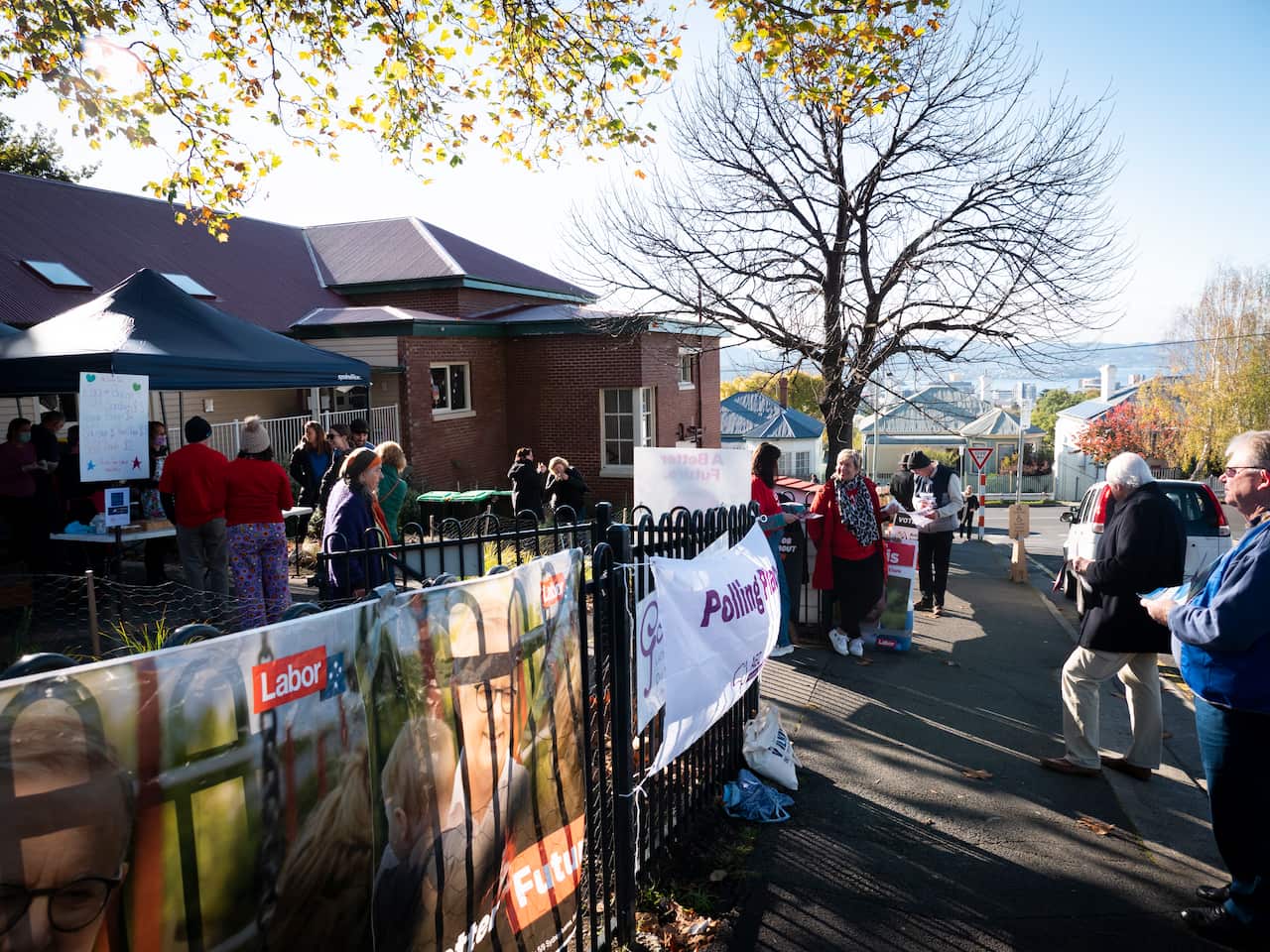 In front of polling place Lansdowne Crescent Primary School in Tasmania