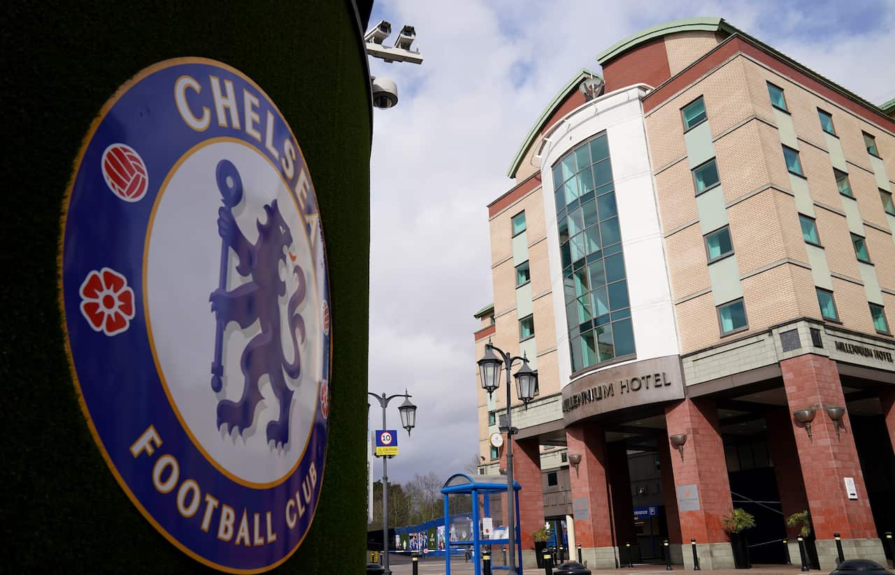 A Chelsea FC logo is seen next to a general view of the Stamford Bridge Millennium Hotel in London.