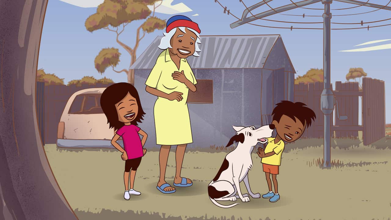 Nanna, Big Cuz, Little J and Old Dog playing outside in NITV and ABC's 'Little J & Big Cuz'