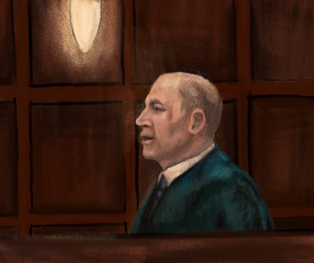 A drawing of a man sitting in a courtroom