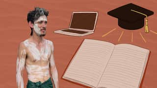A stylised image of a young First Nations man, his body painted in white ochre, with a laptop, an open notebook, and a graduation cap serving as the backdrop.