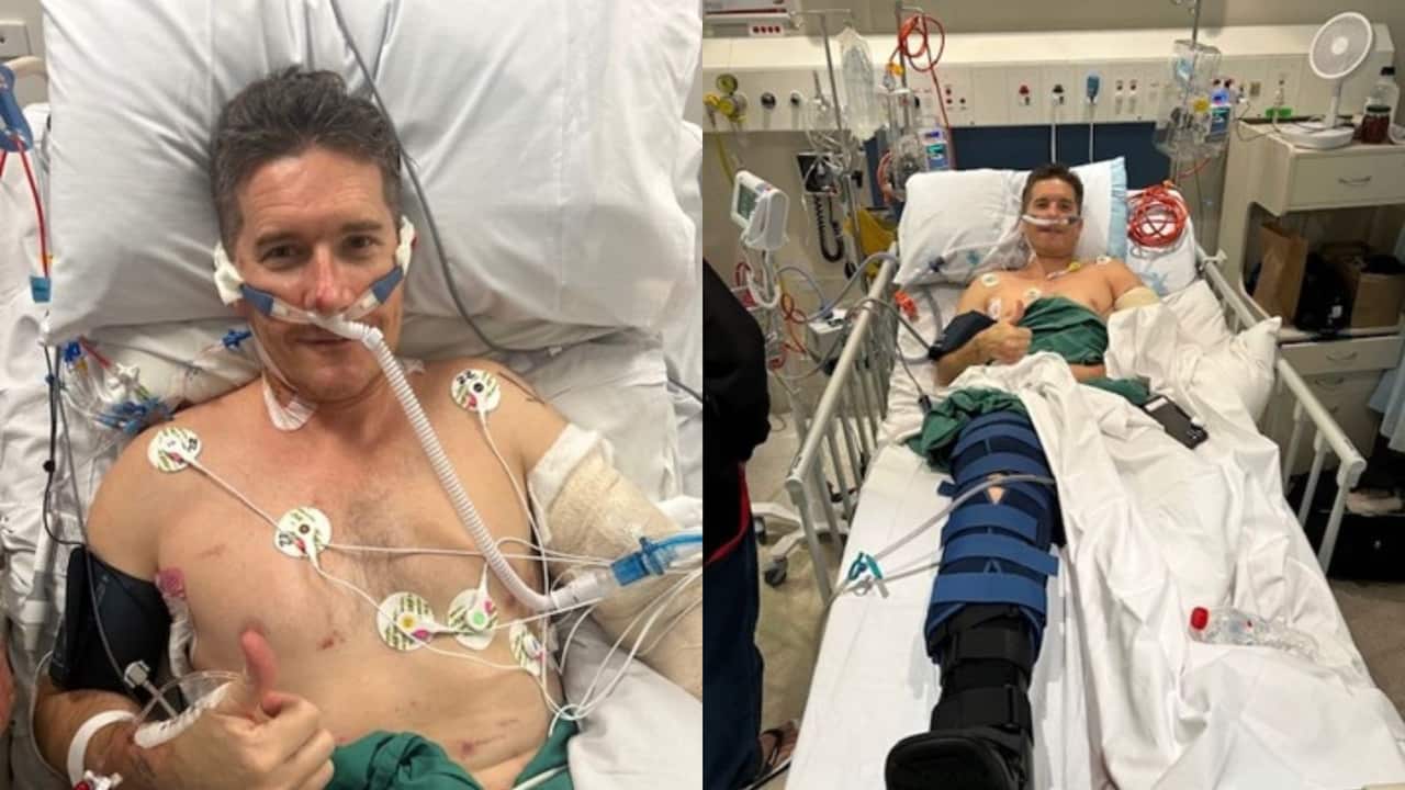 a side by side shot of a middle aged man in a hospital bed with tubes in his nose, a boot on