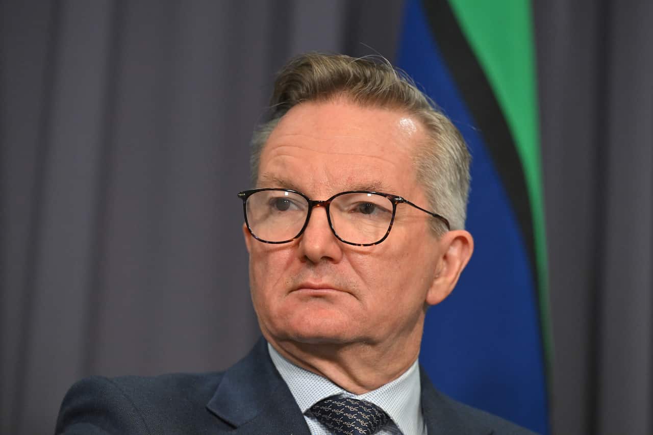 A close-up portrait of a Chris Bowen, a middle-aged man with glasses and grey-flecked hair, wearing a dark suit and patterned tie, set against a blurred background with a green, black, and blue flag.