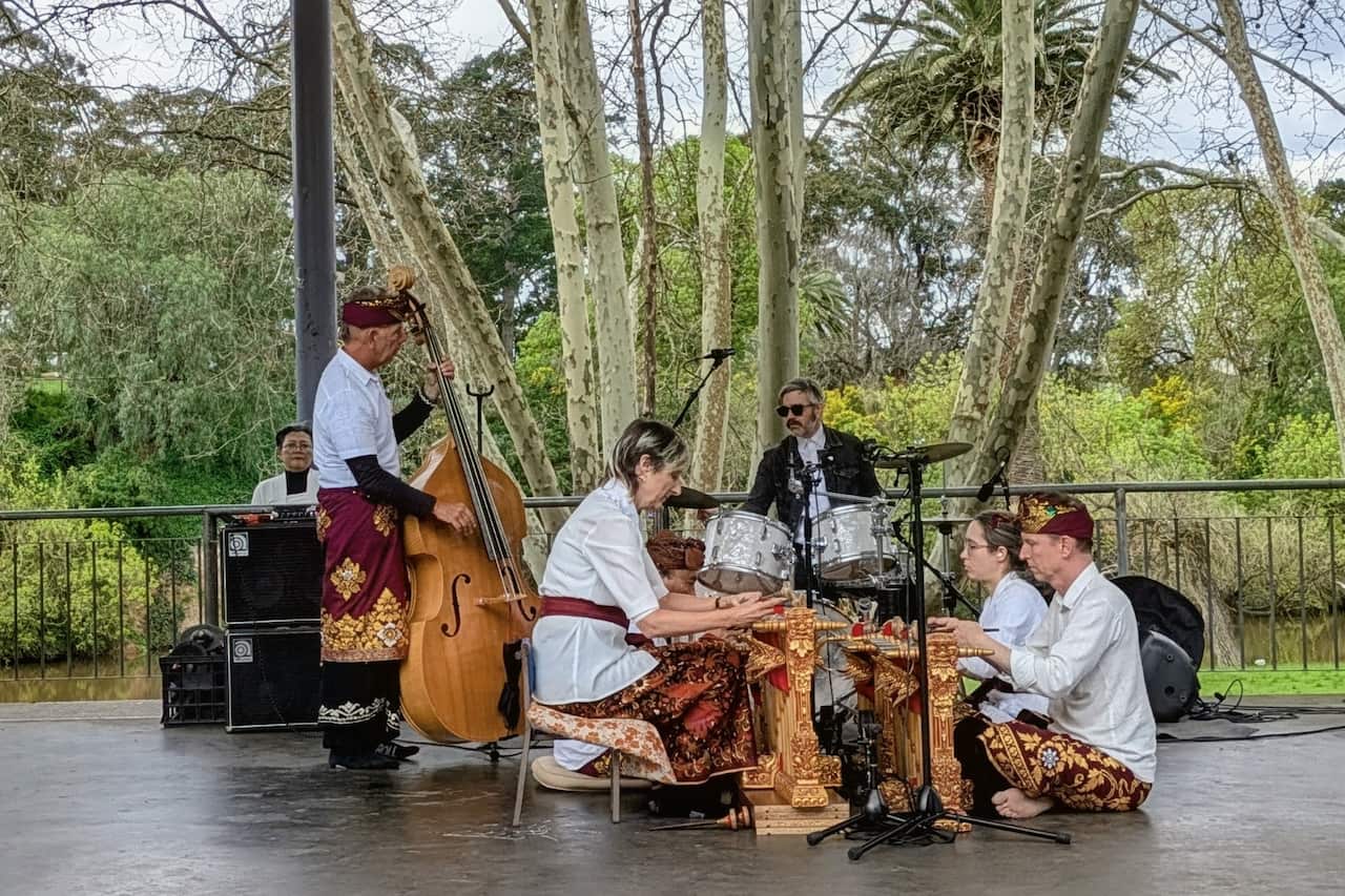 Ready New Gang performs at Bali by the Lake in Melbourne, bringing together Balinese and Western musical traditions.
