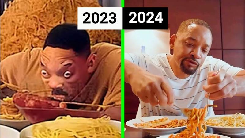 A composite image of a distorted version of Will Smith eating spaghetti, next to a properly generated image of Will Smith eating spaghetti.
