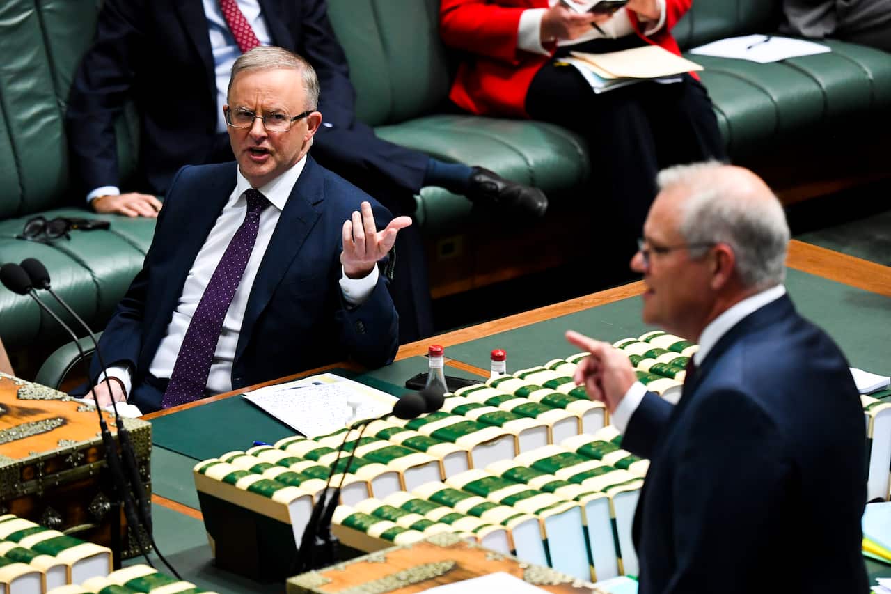 Opposition leader Anthony Albanese (left) listens to Australian Prime Minister Scott Morrison during House of Representatives Question Time at Parliament House in Canberra.