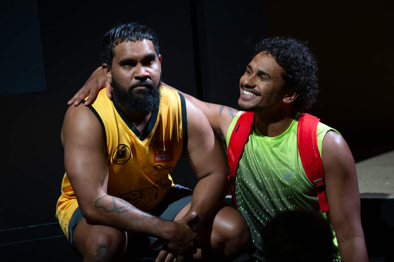 Actors Tibian Wyles and Ngali Shaw on stage in a scene from the new play 37.