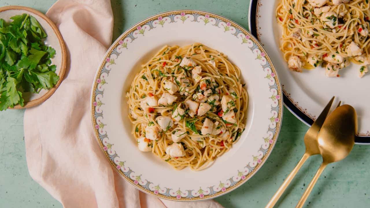 Snapper spaghettini with tomatoes and chilli