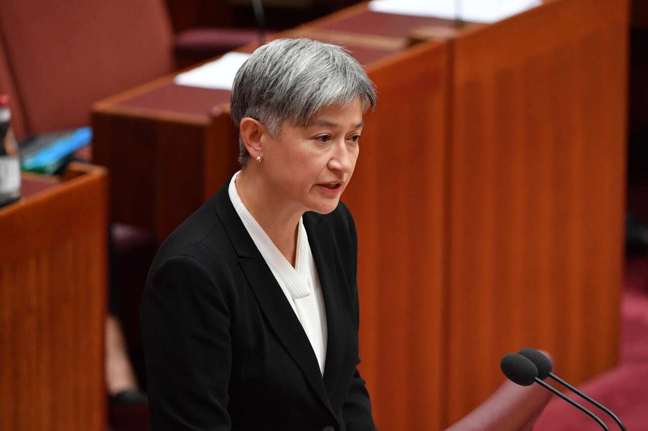 Shadow Minister for Foreign Affairs Penny Wong pays tribute to the late Labor Senator Kimberley Kitching during a special Senate session at Parliament House in Canberra.