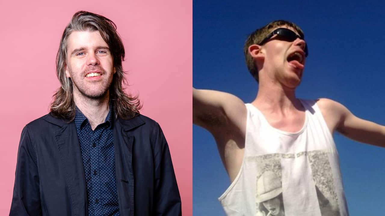 A collage of a man now and when he was younger. 