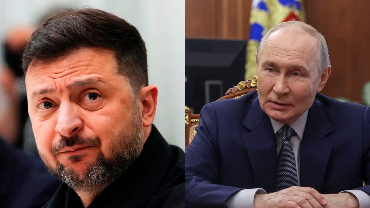 A side by side image of Ukrainian president Vlodomir Zelenskyy and Russian president Vladimir Putin.