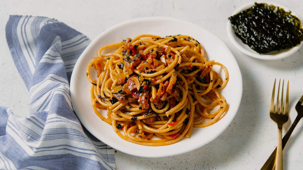Bucatini with Calabrian chilli, guanciale and seaweed
