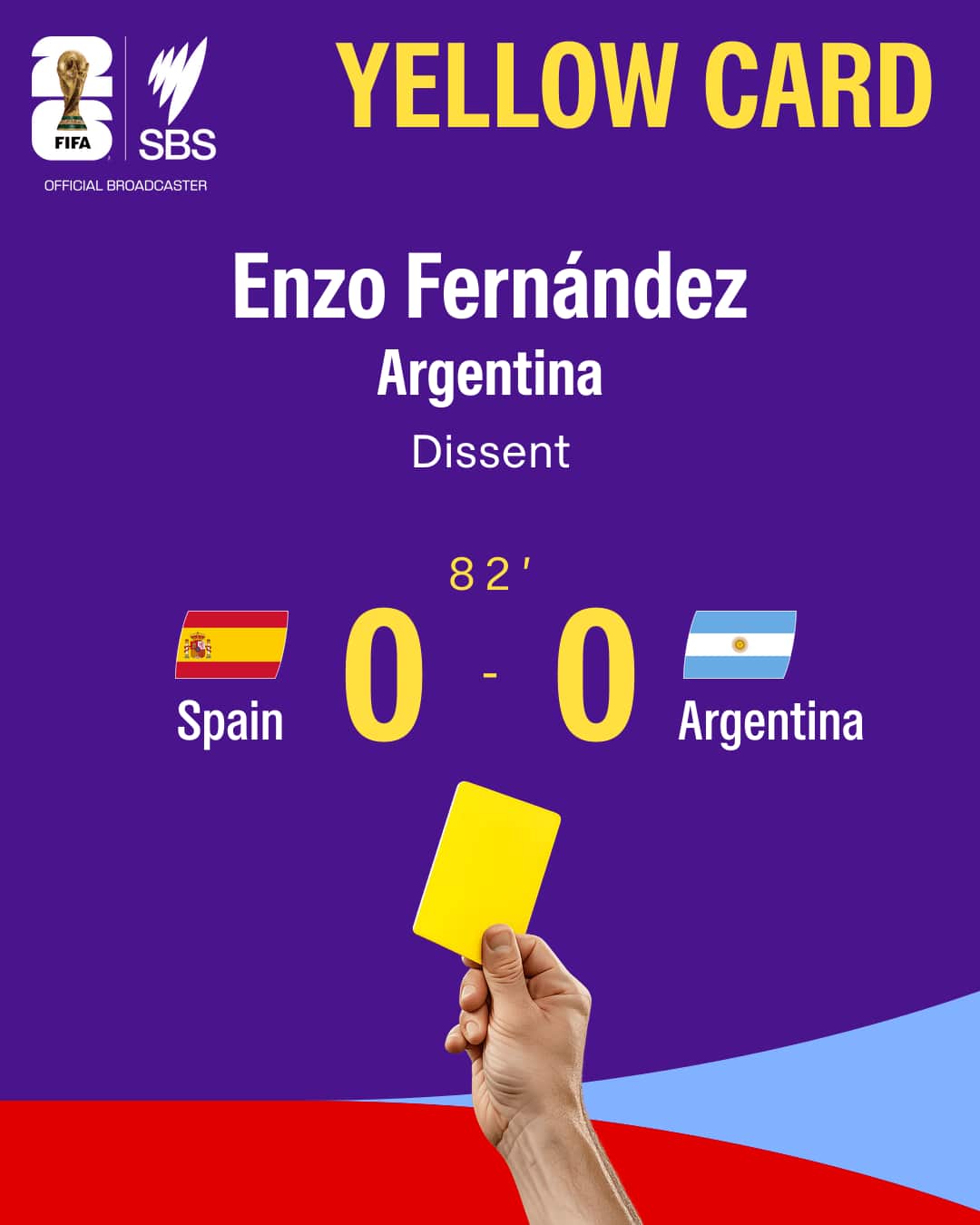 Colourful graphic showing a yellow card for Enzo Fernandez at the 2026 World Cup final.