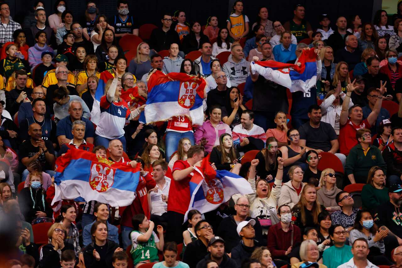 Serbian fans cheer during the 2022 FIBA Women's Basketball World Cup match between Australia and Serbia at Qudos Bank Arena in Sydney
