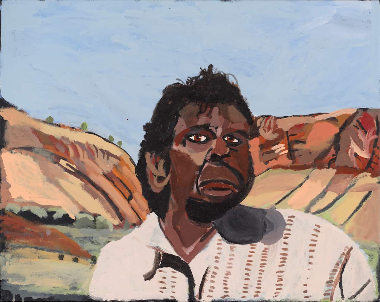 Vincent Namatjira (Western
Aranda, born 1983),
Albert Namatjira
2021,
synthetic polymer paint on linen, 61 × 76 cm.
The University of Melbourne Art Collec
tion.