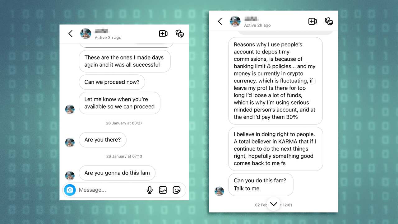 Screenshots from an Instagram message thread chat with a scammer