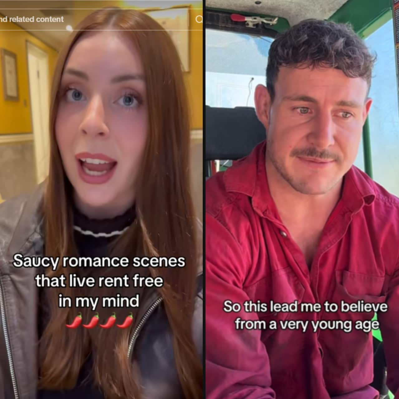 A split-screen image features a woman on the left with text about "saucy romance scenes" and a man in a red shirt on the right with a caption about beliefs formed at a young age.