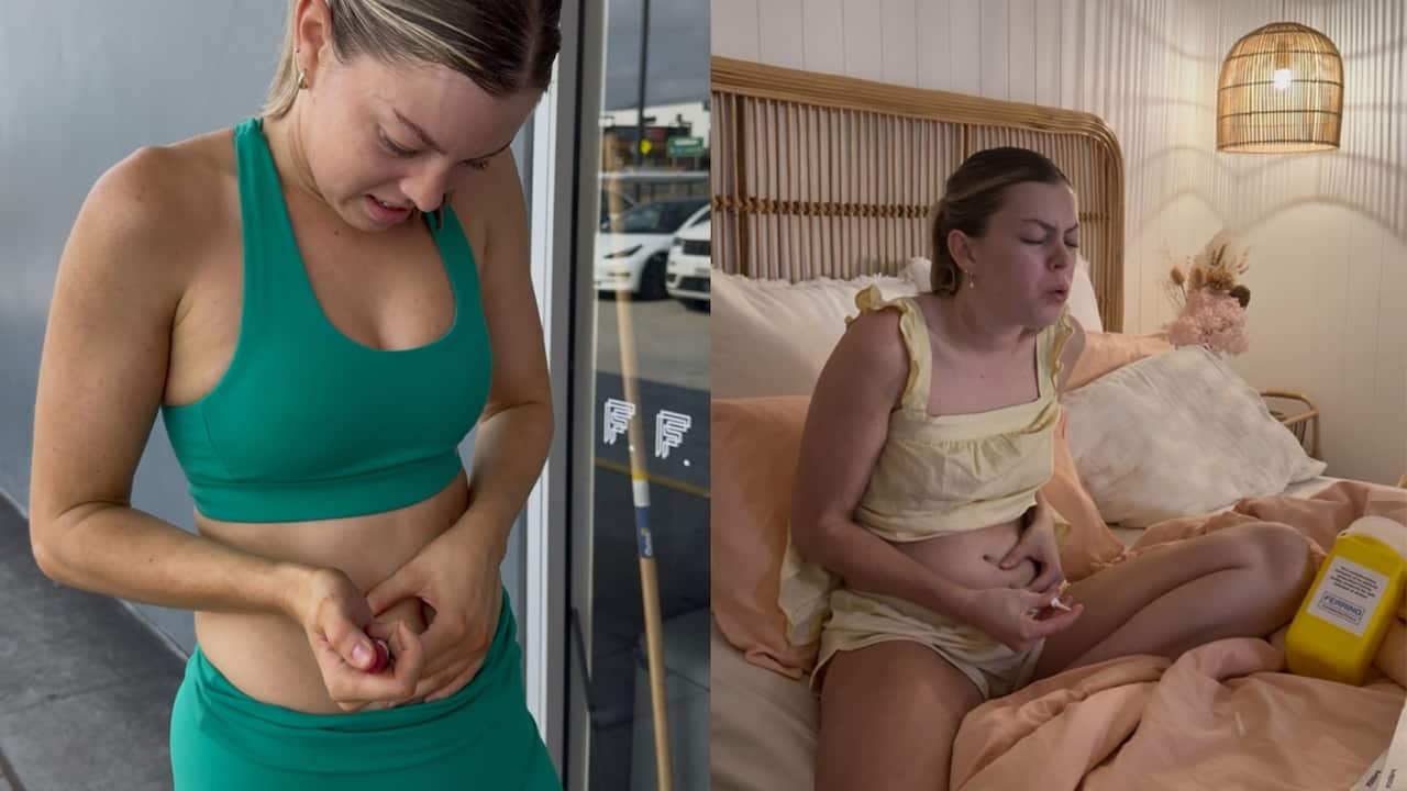 A split image of the same young woman injecting a needle into her stomach. On the left, she's standing up wearing green activewear. On the right, she's sitting on her bed wearing pyjamas. 