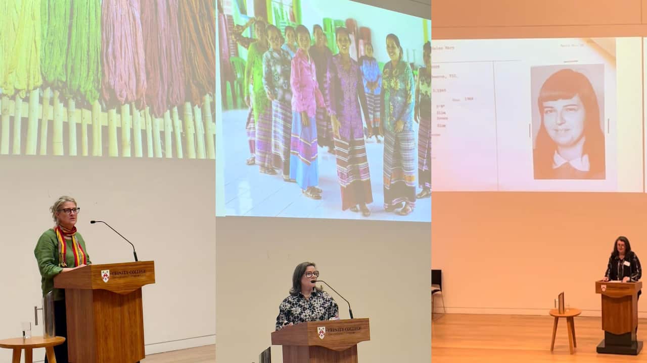 Panelista nain tolu, Deb Salvagno, Lara Nicholls ho Dra. Kim MacGrath iha sympozium "tais, kultura no resilensia"