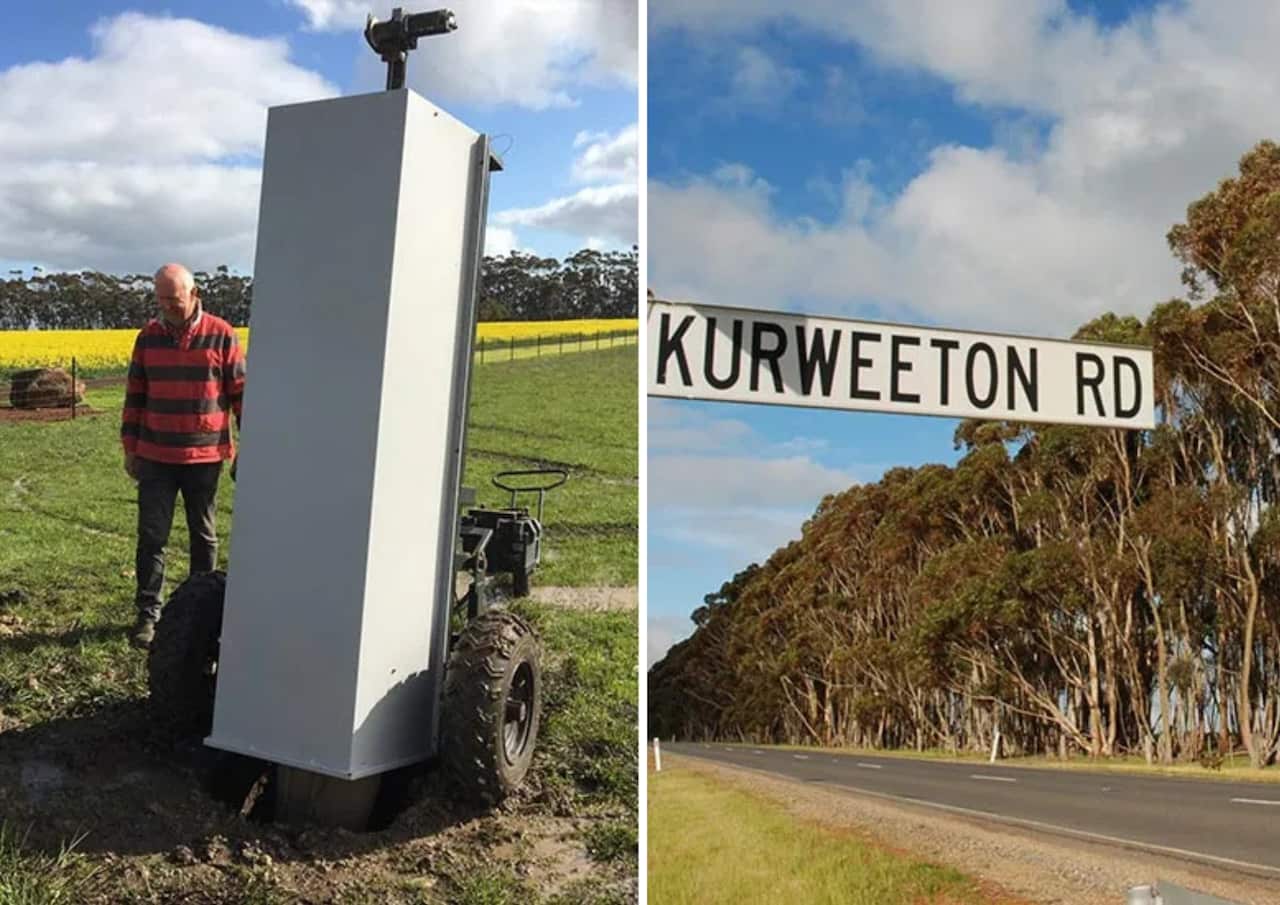 A split image of (left) A man next to a metal box in a paddock and (right) a street sign reading Kurweeton Rd.