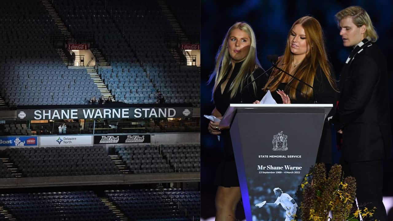 Summer, Brooke and Jackson Warne, Shane Warne's daughters and son, unveiled the Shane Warne Stand during the State Memorial Service at the MCG in Melbourne.