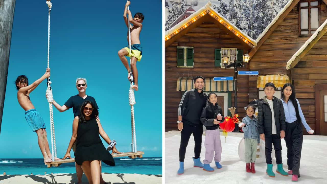 Sydney resident Arini Suryokusumo Alliod and her family during a holiday in Bali (L) and Perth resident Maizar Rasyid and his family during a holiday in Jakarta.