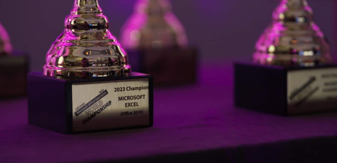A close-up of a trophies that say '2023 Champion Microsoft Excel'.