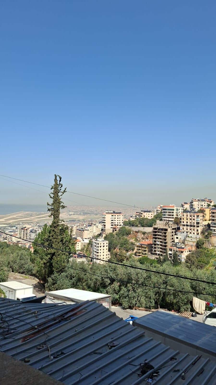 A distant view overlooking rooftops, trees and buildings.