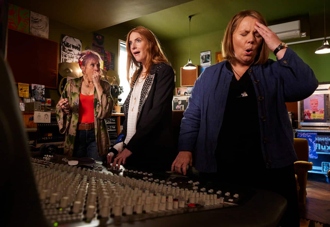 Lorraine Ashburn as Jess, Rosalie Craig as Kitty and Joanna Scanlan as Beth in 'Riot Women'.