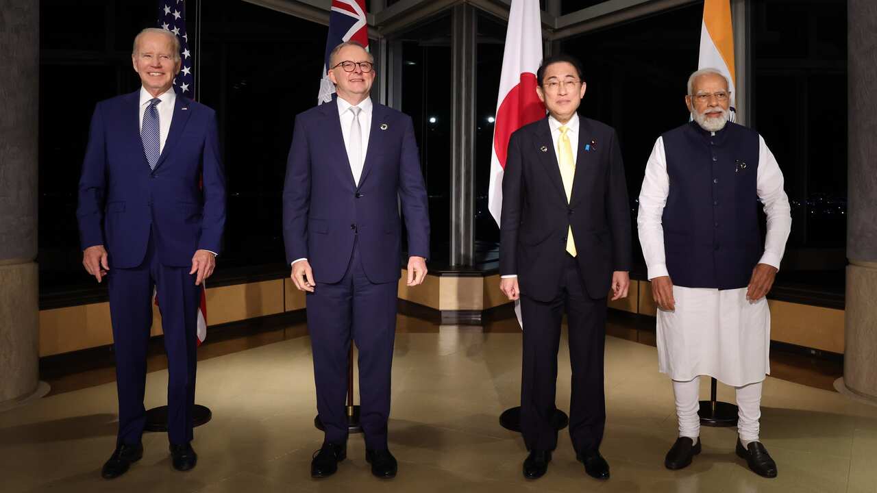 (L-R) US President Joe Biden, Australian Prime Minister Anthony Albanese, Japan’s Prime Minister Fumio Kishida and Indian Prime Minister Narendra Modi pose for a group photo during a Quad meeting on the sideline of the G7 Hiroshima Summit in Hiroshima, Japan, 20 May 2023 
