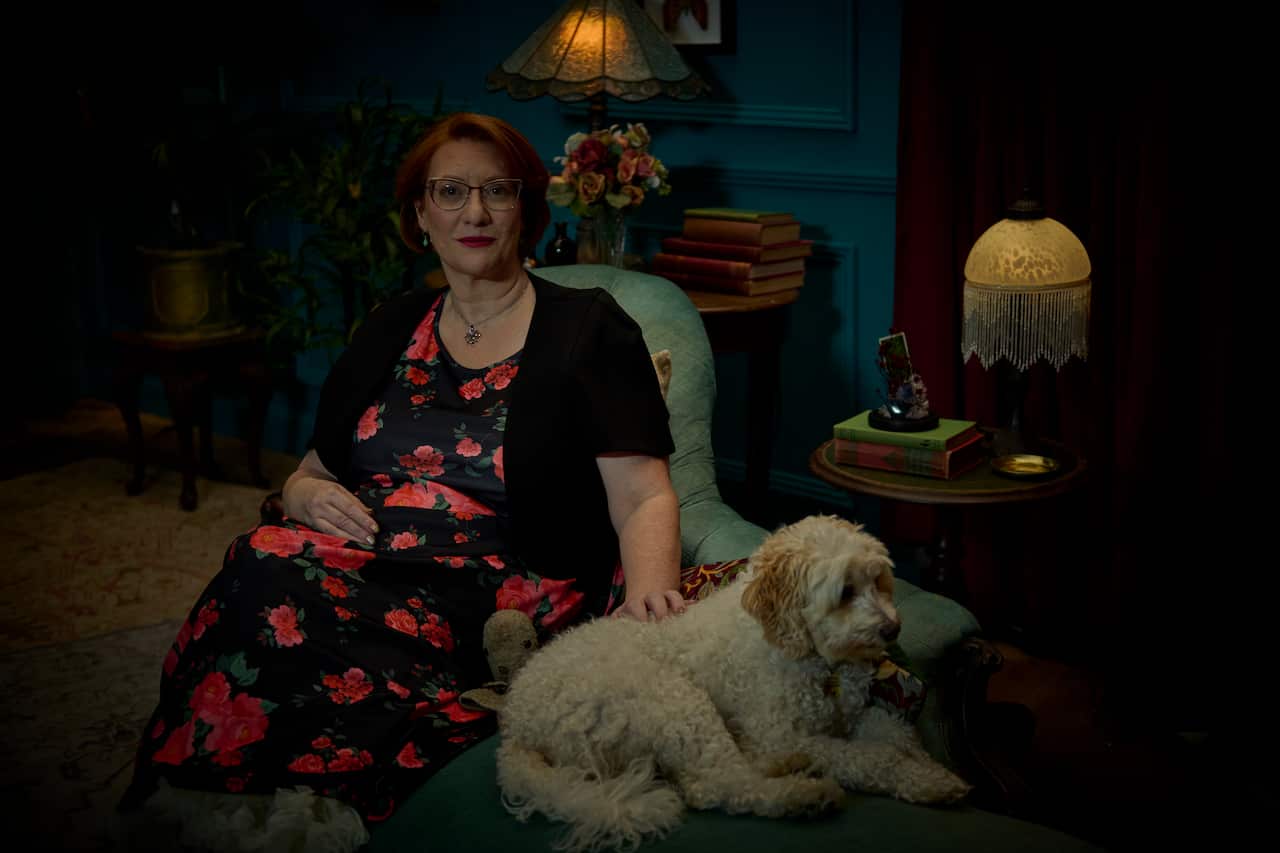 Dr Jeni Haynes in a black dress in 'We Are Jeni'.