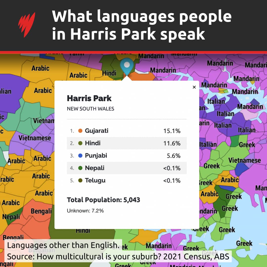A map showing the breakdown of languages spoken in Harris Park.