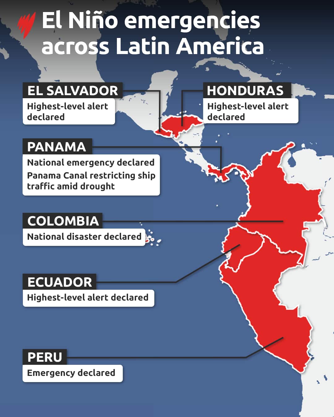 Map showing emergency declarations in South and Central America.