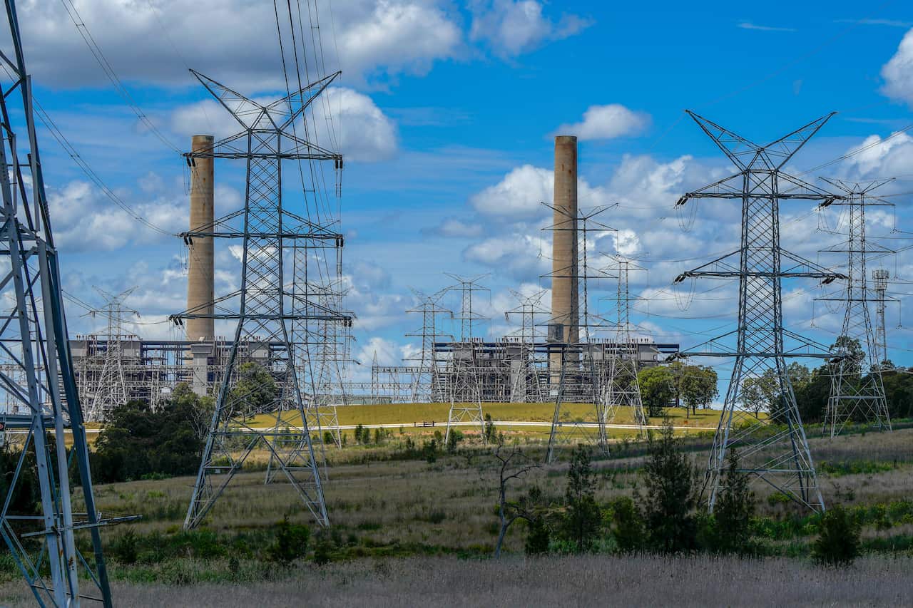 Power lines leading from a power station, with grassy ground underneath.